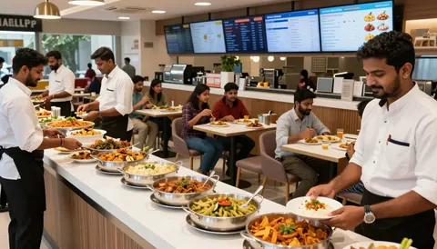 Staff serving a hot buffet counter in an office cafeteria